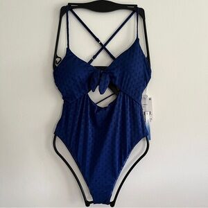 NWT Lucky Brand Eyelet Keyhole Bow Tie One Piece Navy Blue Swimsuit Small